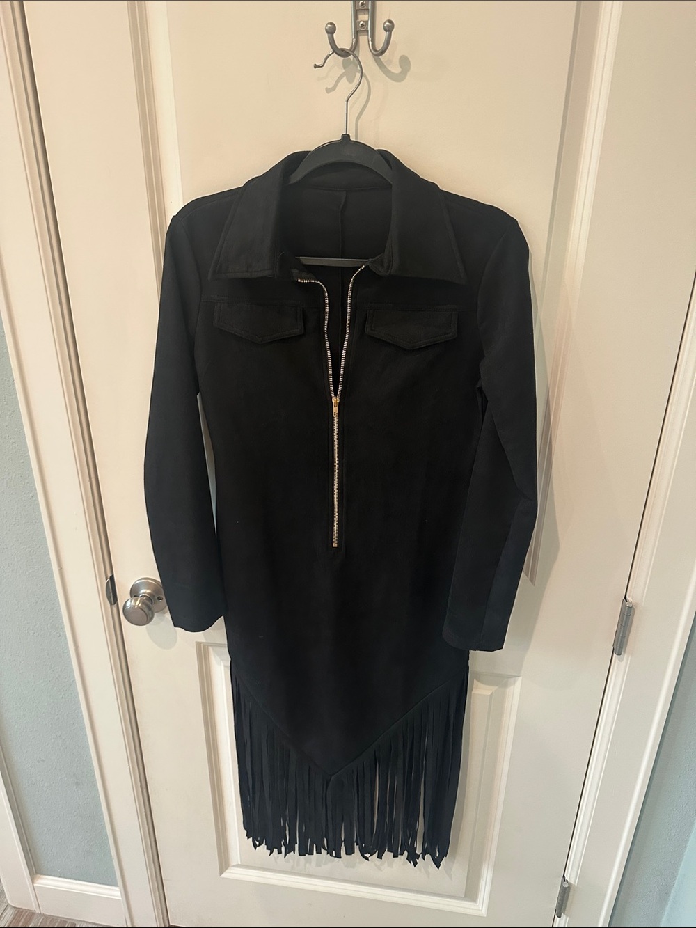 Black Fringe Suede Half-Zip Coat